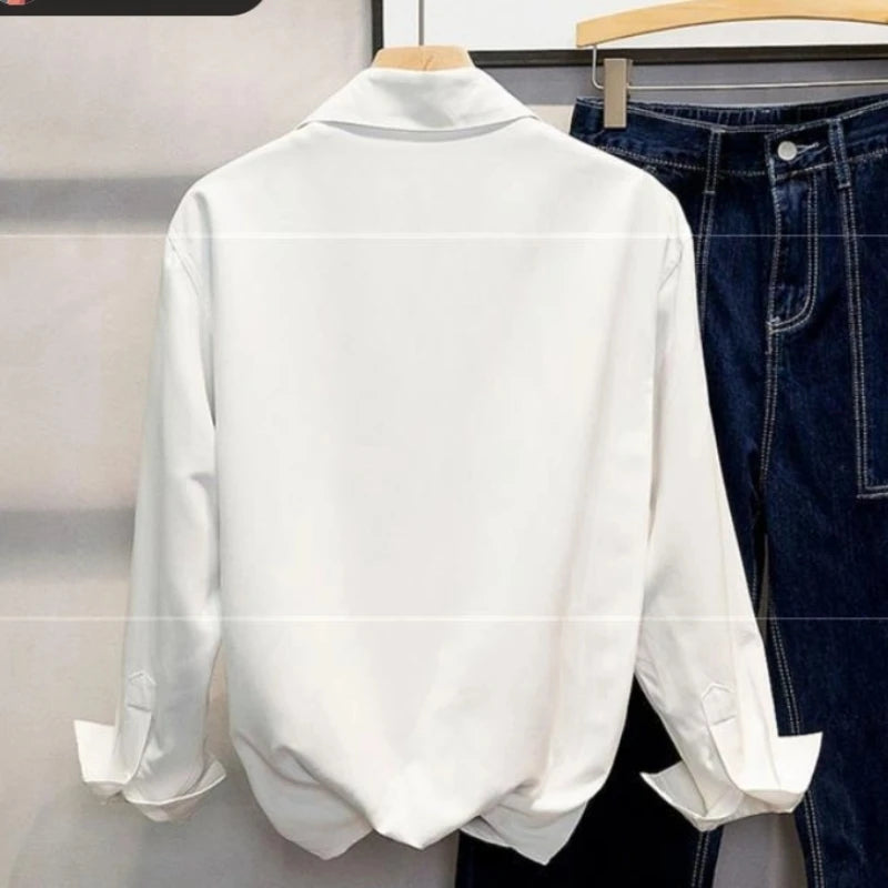 Spring Autumn Long Sleeve Loose Smart Casual Shirt Tops Polo Neck Solid Simplicity Fashion Blouse Casual Vintage Men Clothing