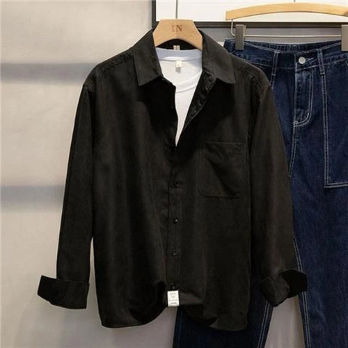 Spring Autumn Long Sleeve Loose Smart Casual Shirt Tops Polo Neck Solid Simplicity Fashion Blouse Casual Vintage Men Clothing