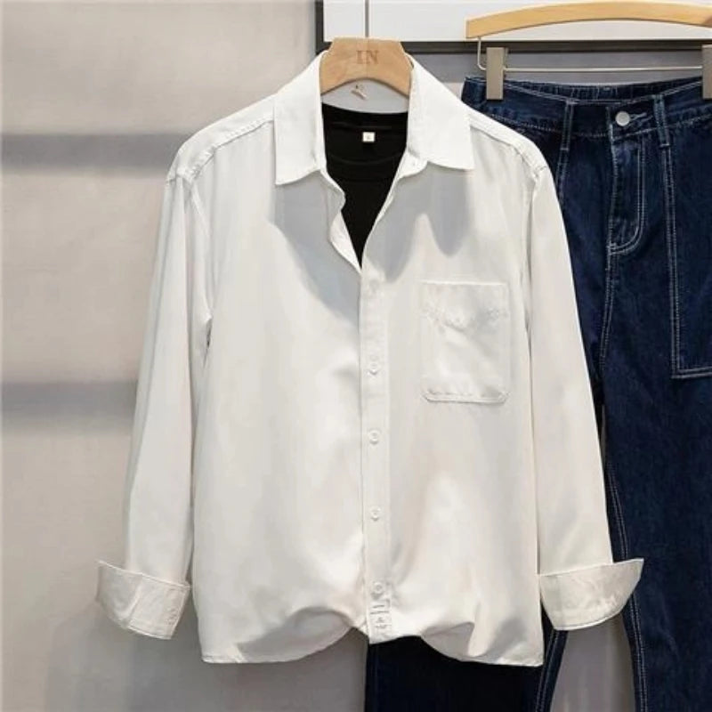 Spring Autumn Long Sleeve Loose Smart Casual Shirt Tops Polo Neck Solid Simplicity Fashion Blouse Casual Vintage Men Clothing