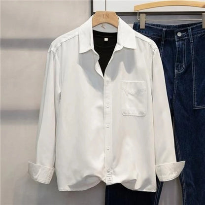 Spring Autumn Long Sleeve Loose Smart Casual Shirt Tops Polo Neck Solid Simplicity Fashion Blouse Casual Vintage Men Clothing