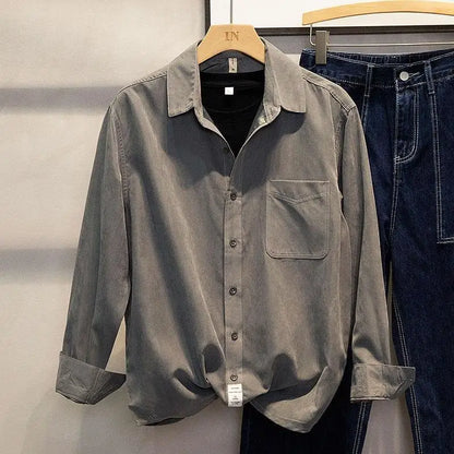 Spring Autumn Long Sleeve Loose Smart Casual Shirt Tops Polo Neck Solid Simplicity Fashion Blouse Casual Vintage Men Clothing