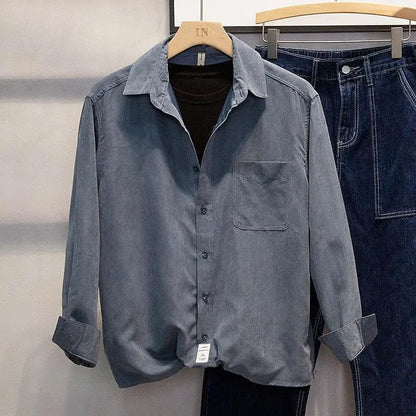 Spring Autumn Long Sleeve Loose Smart Casual Shirt Tops Polo Neck Solid Simplicity Fashion Blouse Casual Vintage Men Clothing